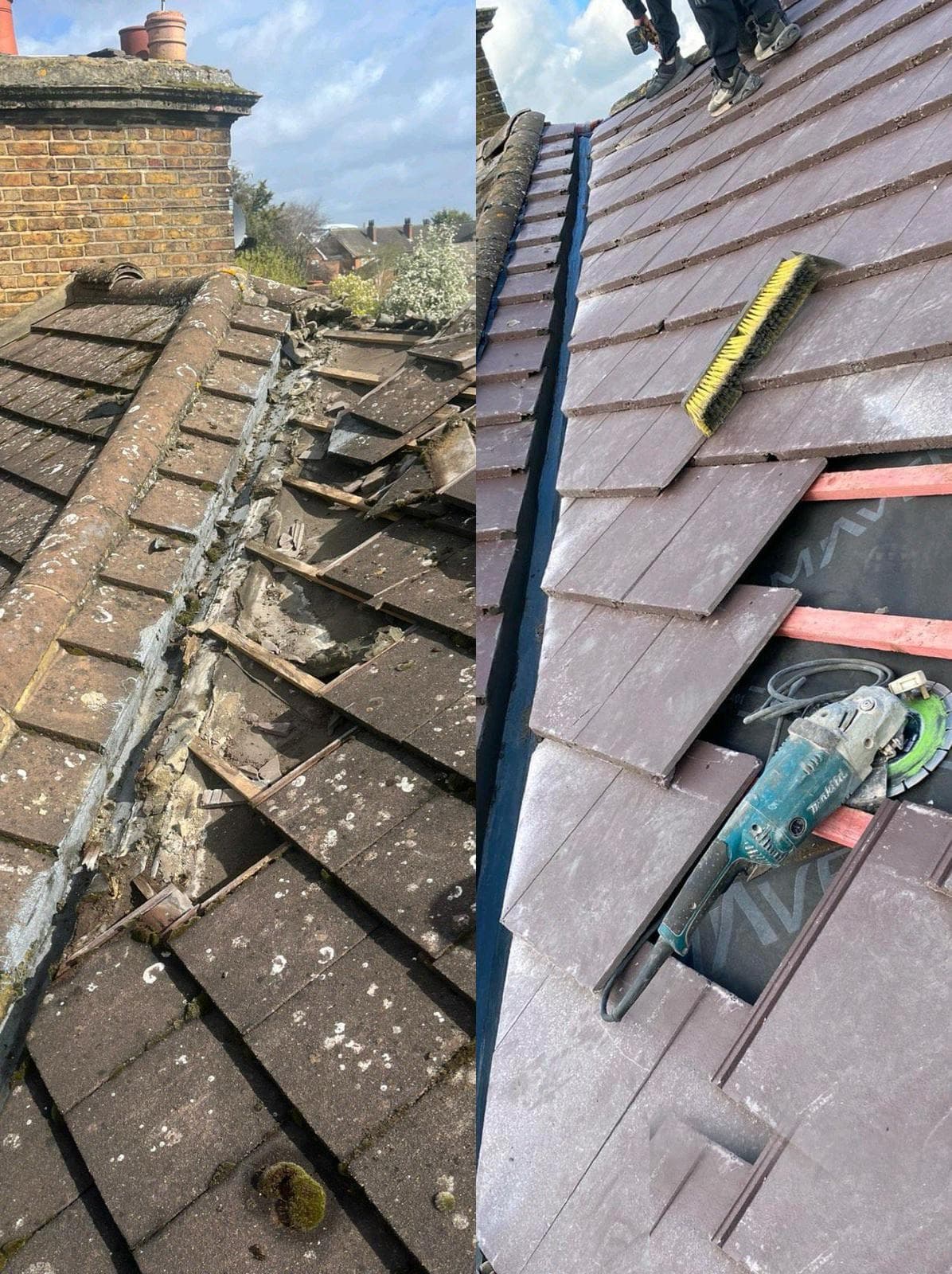 Roof valley stripped back and re-lined with new lead flashing and tiles