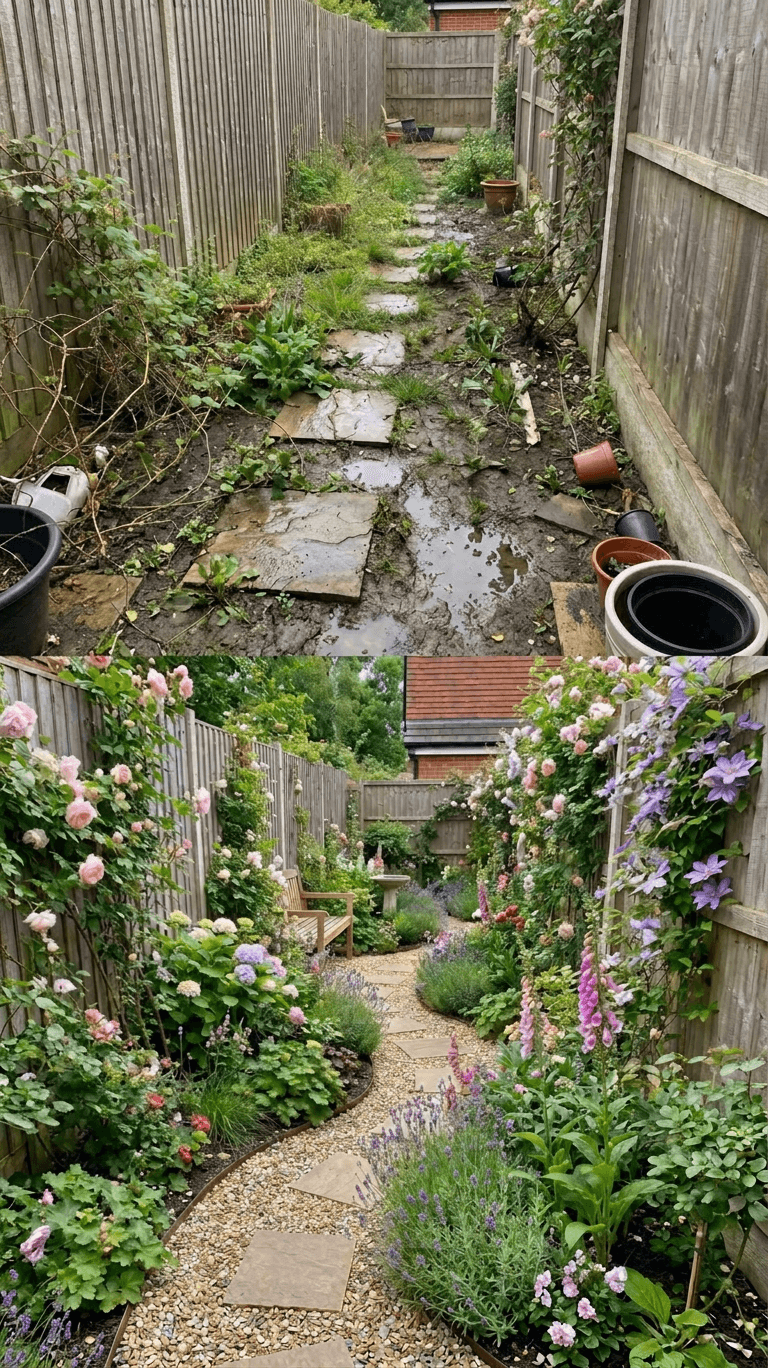 Winding cottage garden path edged with densely planted flower borders