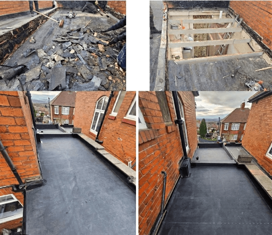 Flat roof stripped to the deck and re-laid with a single-ply EPDM membrane