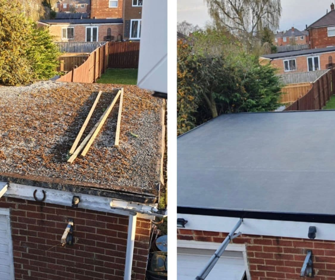 Replacement EPDM rubber membrane flat roof with new edge trims