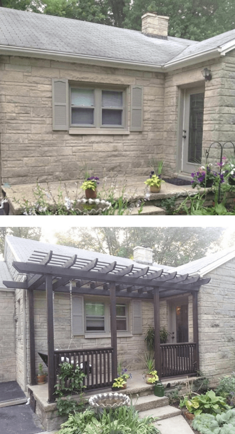 Timber pergola and front porch canopy built over a paved entrance