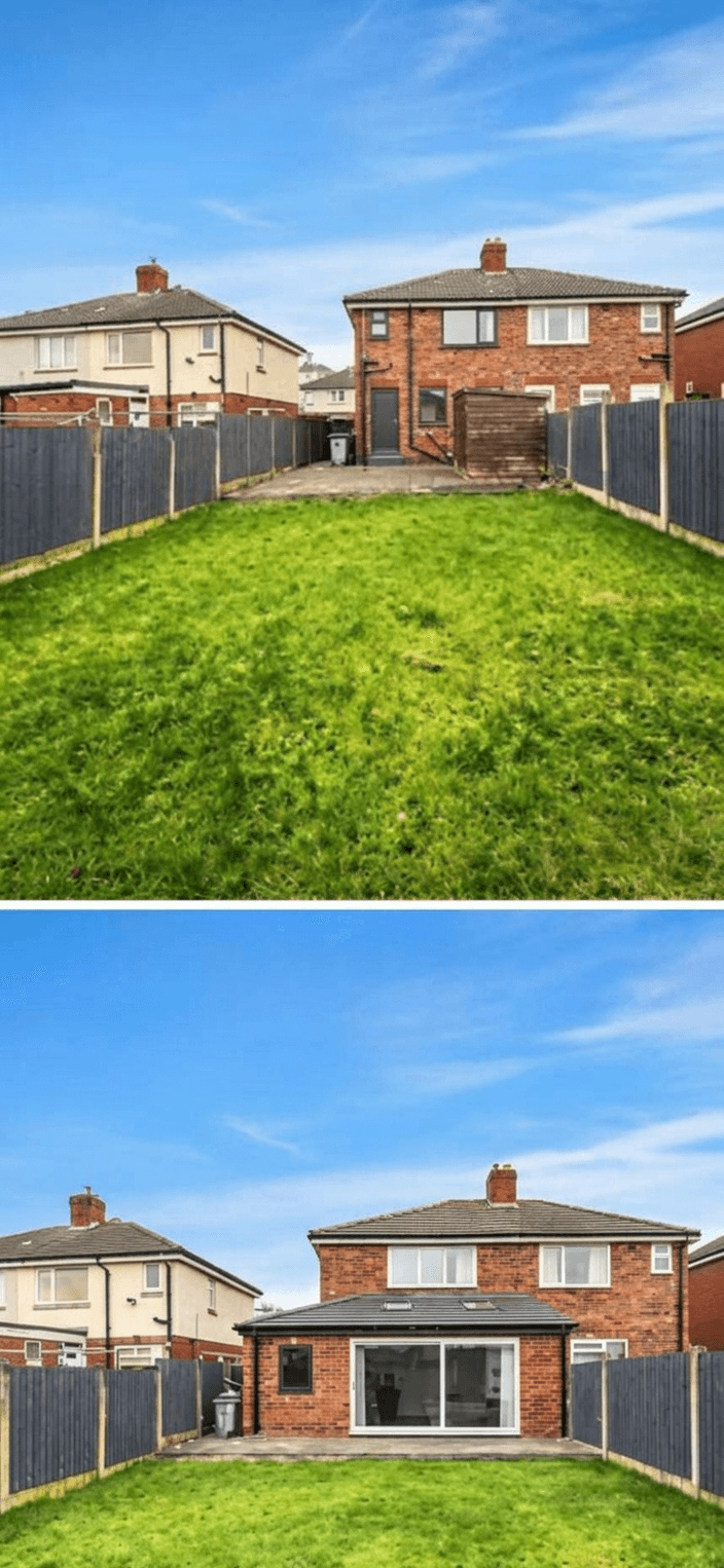 Before and after of a single-storey rear house extension built in matching brickwork