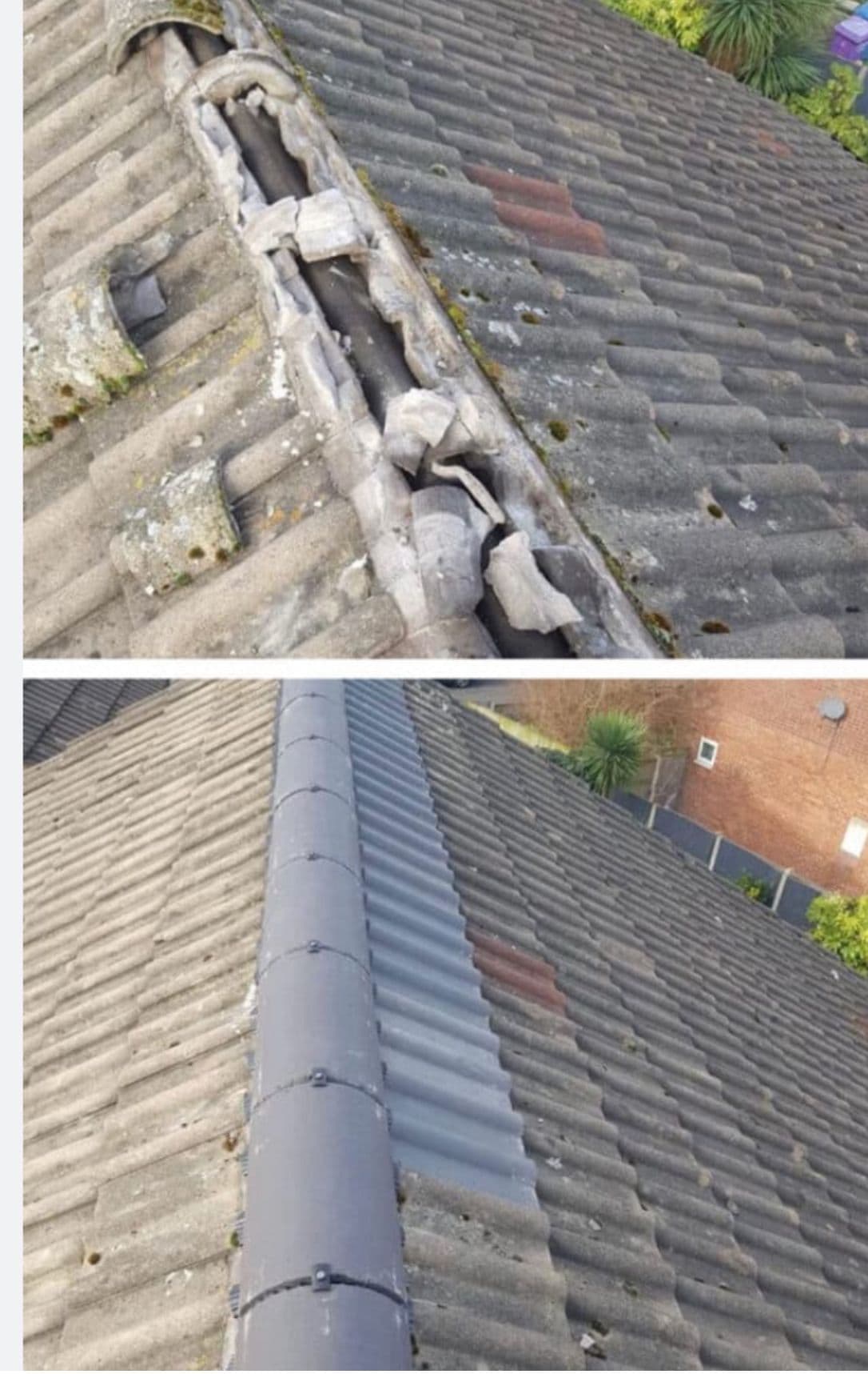 Before and after of loose ridge tiles removed and re-bedded on fresh mortar