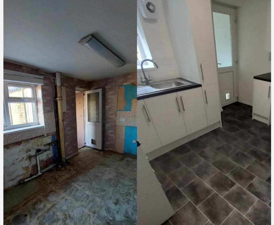 Refitted utility room with fitted cabinets, worktop and plumbed appliance spaces